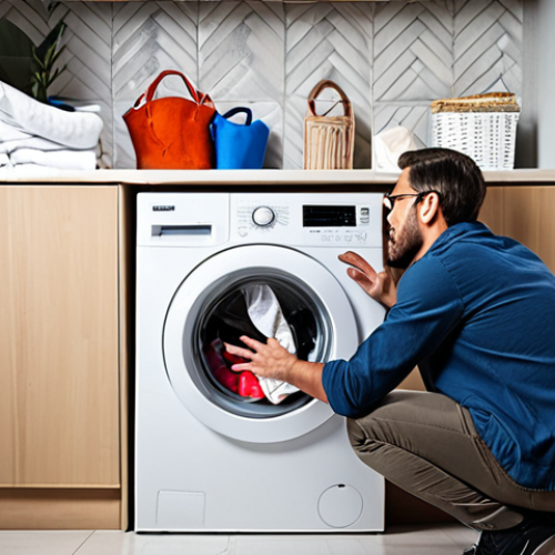 Home 19 **A frustrated homeowner staring at a washing machine with an error code flashing on the display, while searching for the user manual on a laptop. The scene should depict a modern laundry room setting.**