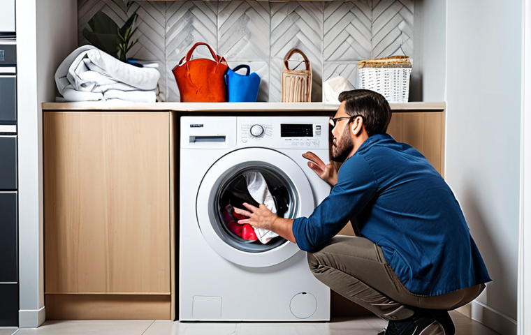 **A frustrated homeowner staring at a washing machine with an error code flashing on the display, while searching for the user manual on a laptop. The scene should depict a modern laundry room setting.**
