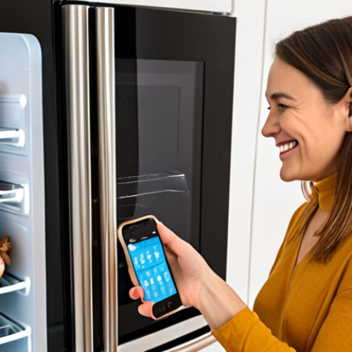Home 18 **Prompt:** A modern, brightly lit kitchen featuring a smart refrigerator with a transparent screen displaying its inventory, expiration dates, and recipe suggestions. A smiling woman stands in front of the fridge, happily checking her grocery list on her smartphone. In the background, a smart oven with a touchscreen panel shows a perfectly cooked roast chicken.