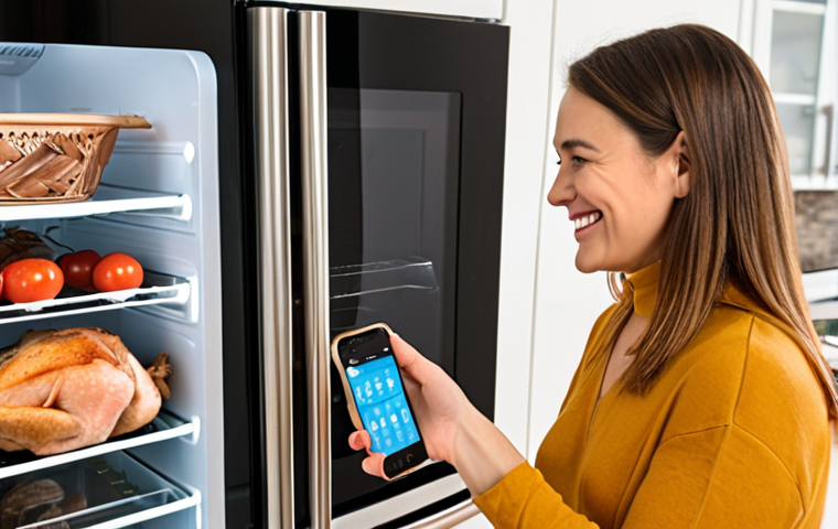 **Prompt:** A modern, brightly lit kitchen featuring a smart refrigerator with a transparent screen displaying its inventory, expiration dates, and recipe suggestions. A smiling woman stands in front of the fridge, happily checking her grocery list on her smartphone. In the background, a smart oven with a touchscreen panel shows a perfectly cooked roast chicken.