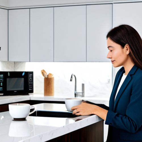 Home 17 A professional adult, fully clothed in modest, appropriate attire, calmly reaching for a steaming cup of coffee in a sleek, modern smart kitchen. Subtle smart lighting illuminates the clean countertops, and a smart display shows a gentle morning news brief. The scene conveys a sense of effortless automation and peace at the start of the day. Perfect anatomy, correct proportions, natural pose, well-formed hands, proper finger count, natural body proportions, professional photography, high quality, safe for work, appropriate content, fully clothed, family-friendly.