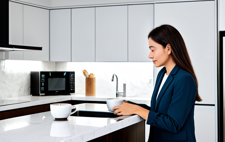 A professional adult, fully clothed in modest, appropriate attire, calmly reaching for a steaming cup of coffee in a sleek, modern smart kitchen. Subtle smart lighting illuminates the clean countertops, and a smart display shows a gentle morning news brief. The scene conveys a sense of effortless automation and peace at the start of the day. Perfect anatomy, correct proportions, natural pose, well-formed hands, proper finger count, natural body proportions, professional photography, high quality, safe for work, appropriate content, fully clothed, family-friendly.