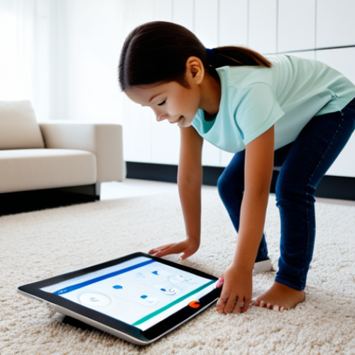 Home 8 A professional woman in her late 30s, wearing modest, comfortable home attire, standing in a brightly lit, modern living room. She is looking at a tablet displaying a smart home security interface, showing a floor plan with sensor icons. In the background, a young child (7-8 years old) is safely playing with building blocks on a rug, fully clothed in appropriate playwear. The scene emphasizes modern child safety technology integrated seamlessly into home life. The image features perfect anatomy, correct proportions, natural pose, well-formed hands, proper finger count. Professional photography, high quality, safe for work, appropriate content, fully clothed, family-friendly.