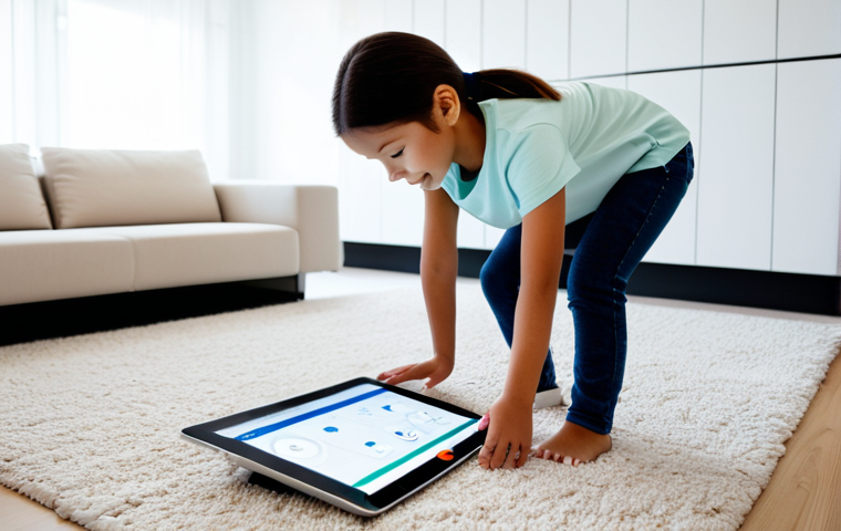 A professional woman in her late 30s, wearing modest, comfortable home attire, standing in a brightly lit, modern living room. She is looking at a tablet displaying a smart home security interface, showing a floor plan with sensor icons. In the background, a young child (7-8 years old) is safely playing with building blocks on a rug, fully clothed in appropriate playwear. The scene emphasizes modern child safety technology integrated seamlessly into home life. The image features perfect anatomy, correct proportions, natural pose, well-formed hands, proper finger count. Professional photography, high quality, safe for work, appropriate content, fully clothed, family-friendly.